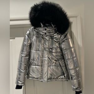 Silver Women's Ski Jacket with Black Fur Trim